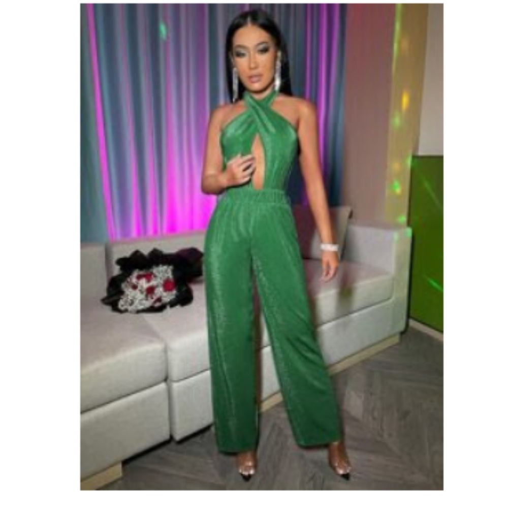 Green shimmer cross body jumpsuit